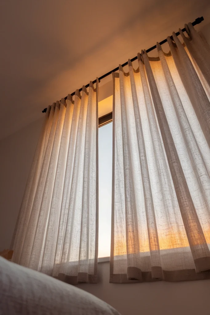 Floor length linen curtains on a rod mounted near the ceiling above a small bedroom window.