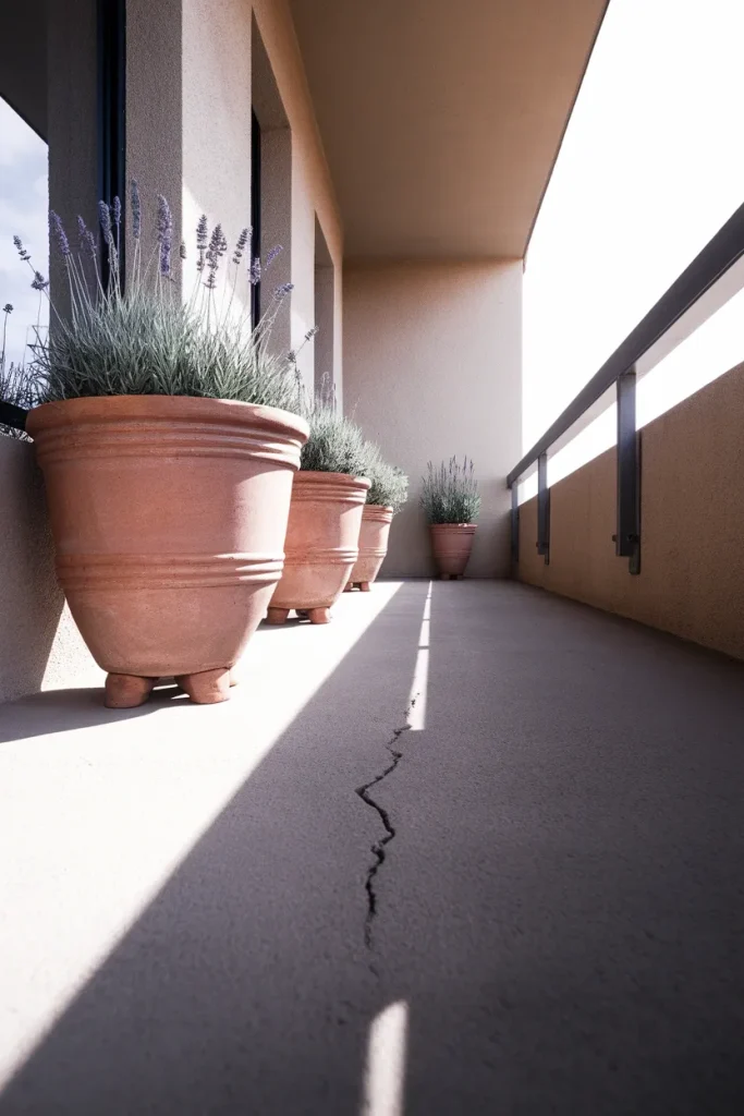 Floor level view of heavy terracotta pots lined against a balcony wall on pot feet.