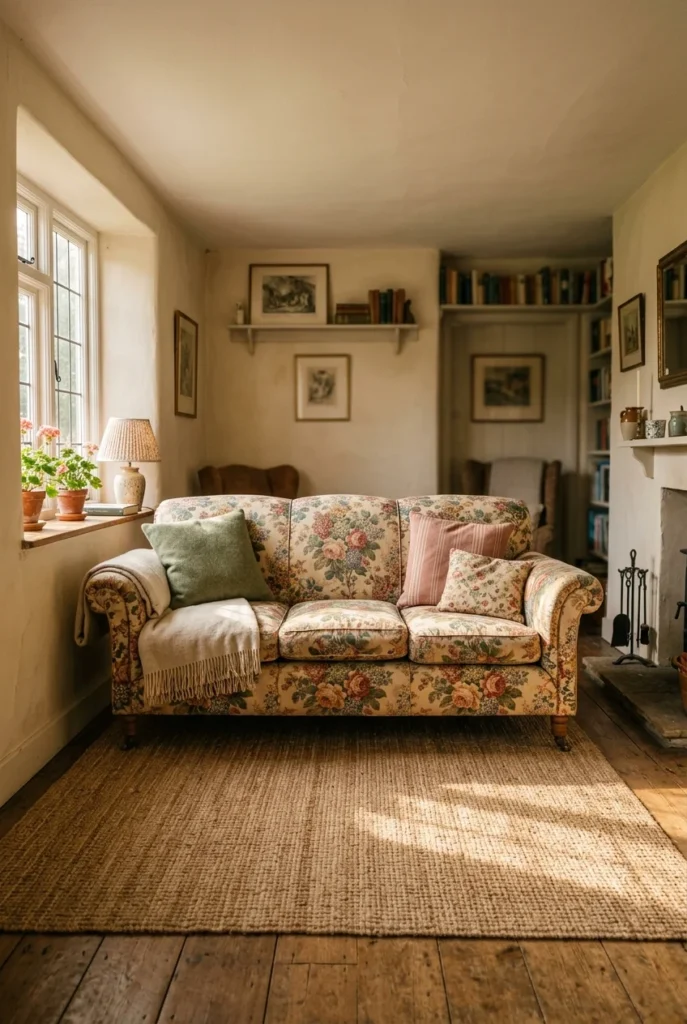 Floral sofa living room with cream walls, sage cushions and a jute rug in afternoon light.