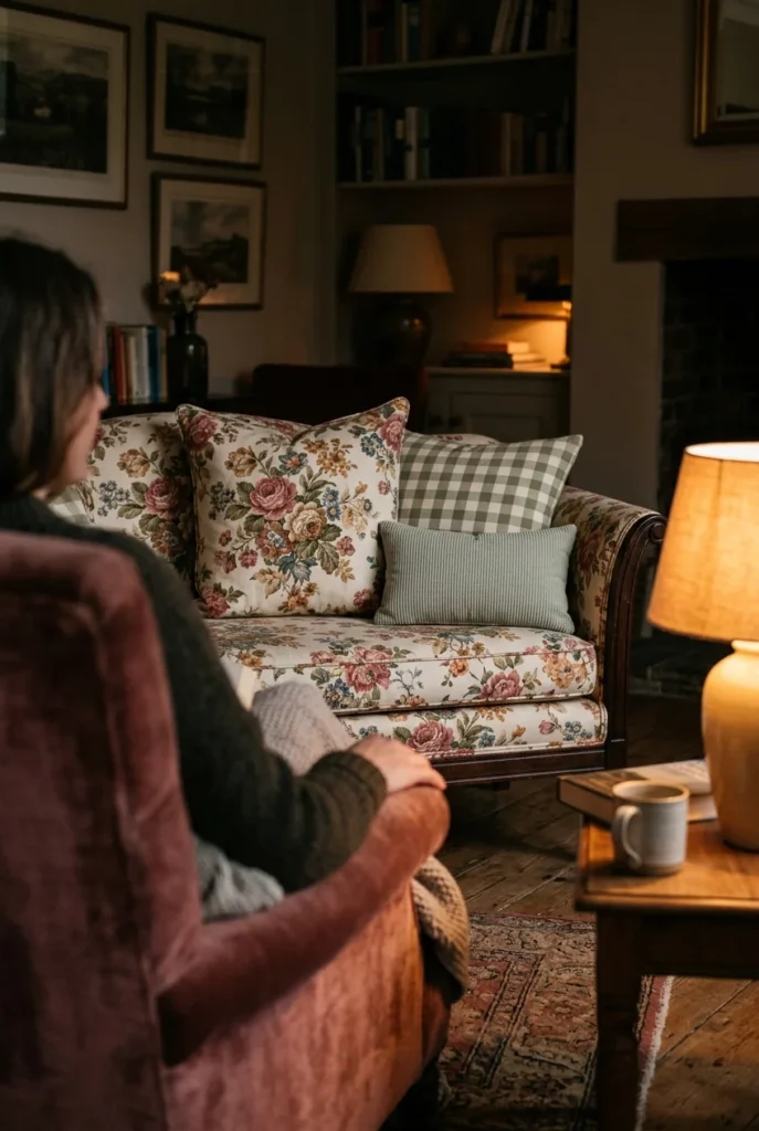 Floral sofa styled with gingham and ribbed cushions in three pattern scales at dusk.