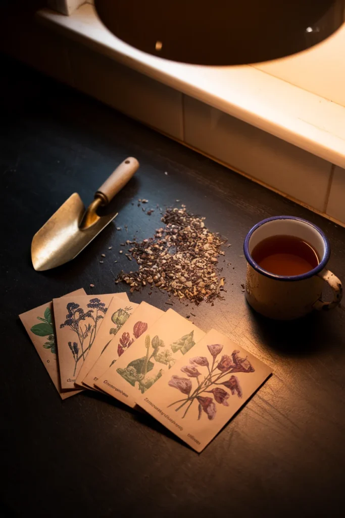 Flower seed packets, a brass trowel, and a mug of tea on a dark table under warm lamplight.
