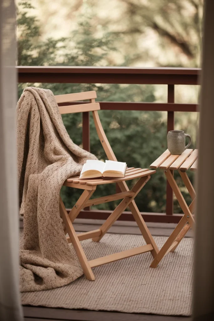 Folding acacia bistro chair with wool throw, book and mug on a cottagecore balcony.