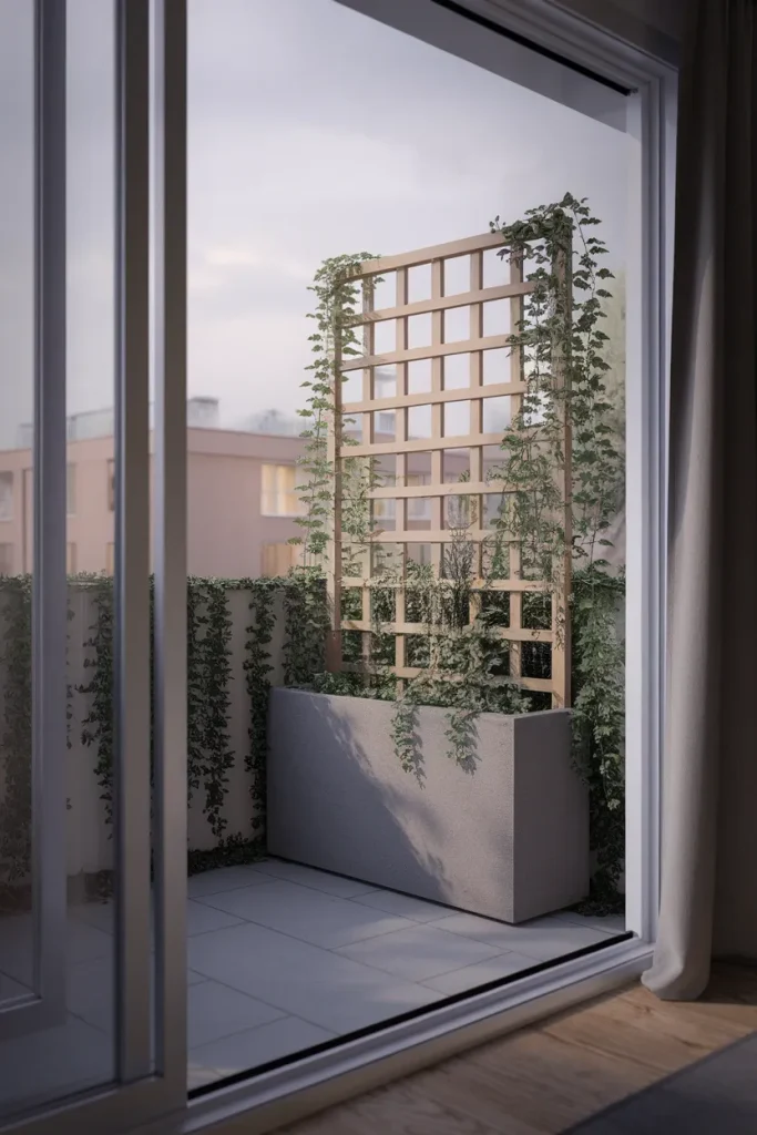 Freestanding lattice trellis in a planter screening a small balcony, seen from the doorway.