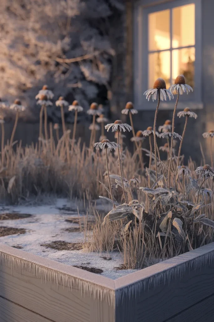 Frosted seed heads standing in a bare cedar raised bed in winter with a lit kitchen window behind.