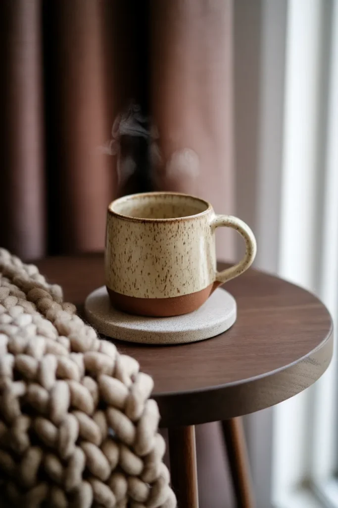 Glazed mug and stone coaster on walnut table beside a chunky knit throw.