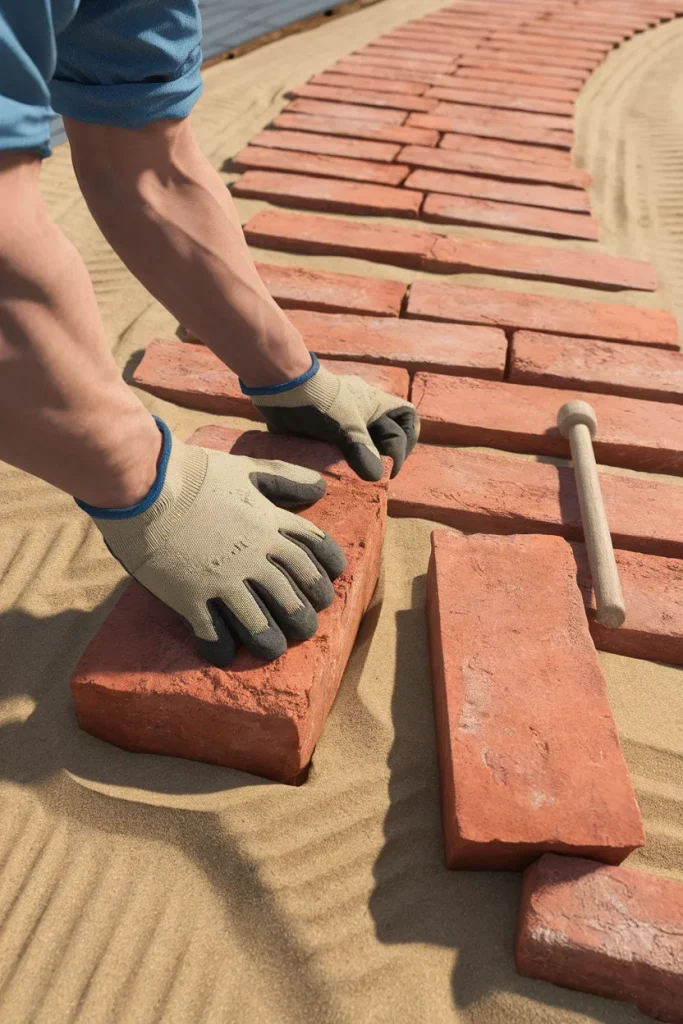Gloved hands setting a reclaimed brick into sand on a half finished cottage path.