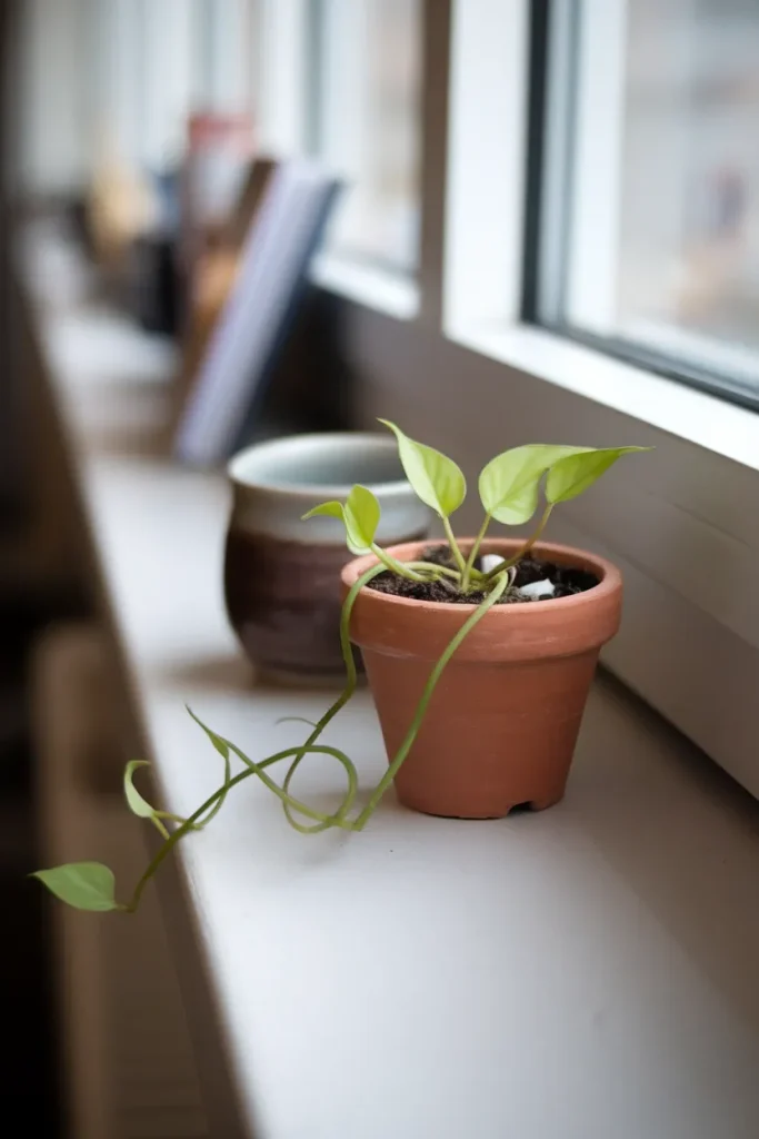 Golden pothos trailing from a terracotta pot on a dorm windowsill in bright indirect light.