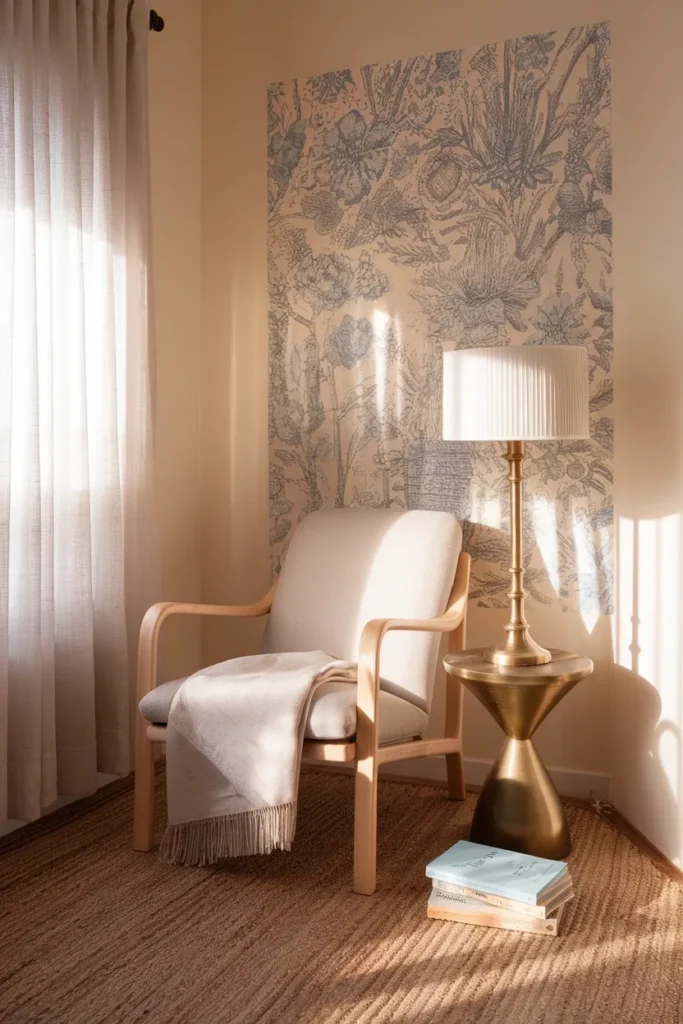 Grandmillennial decor reading corner with floral wallpaper, birch chair and brass lamp. (91 chars)
