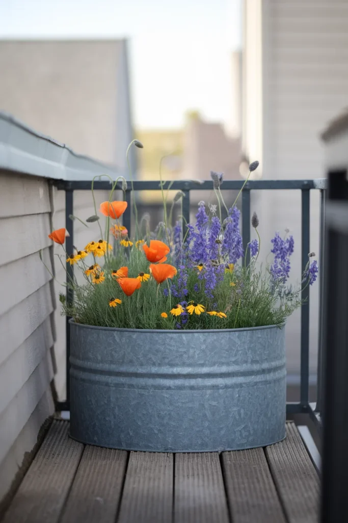 Half barrel planter on a balcony filled with poppies, blue flax and coreopsis as a small wildflower garden.