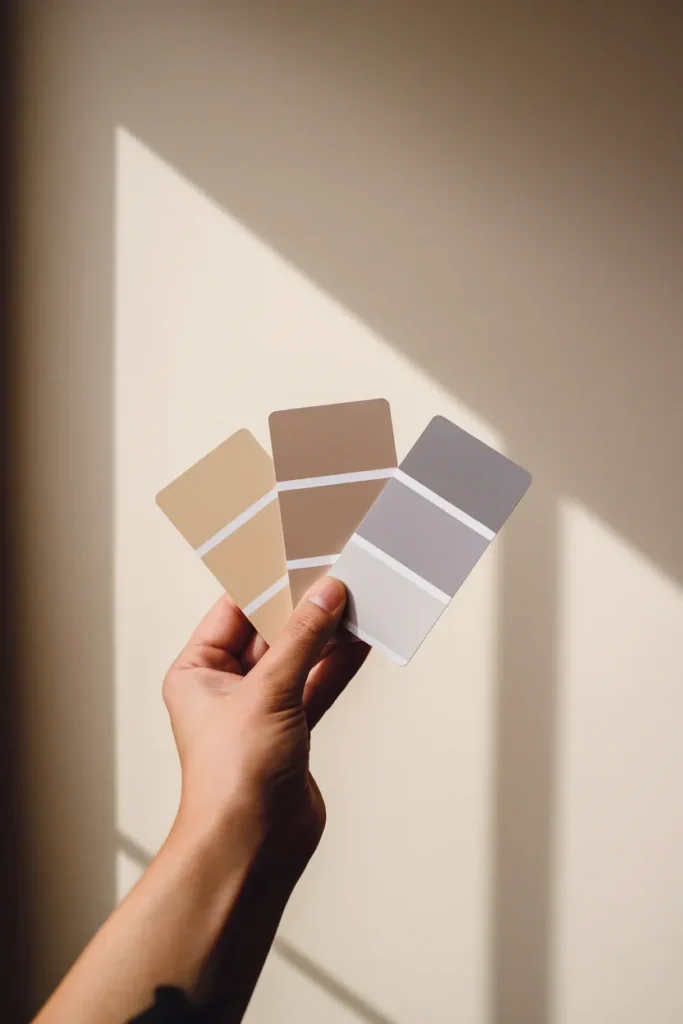 Hand comparing warm cream, greige, and cool gray paint chips against a cream wall.