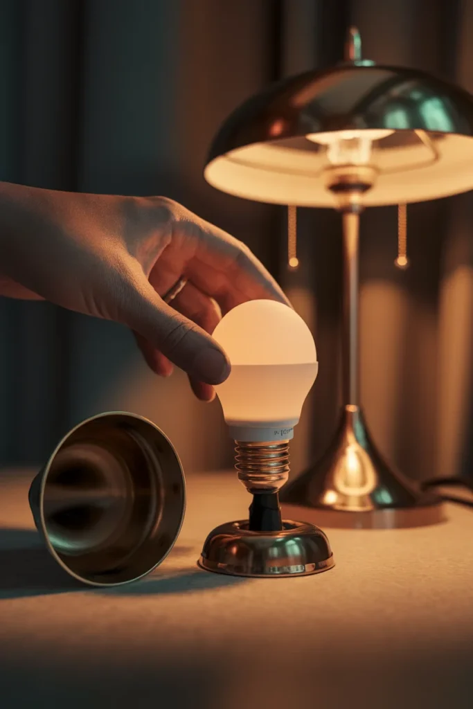 Hand fitting a warm white 2700K bulb into a brass lamp for cozy fall lighting.