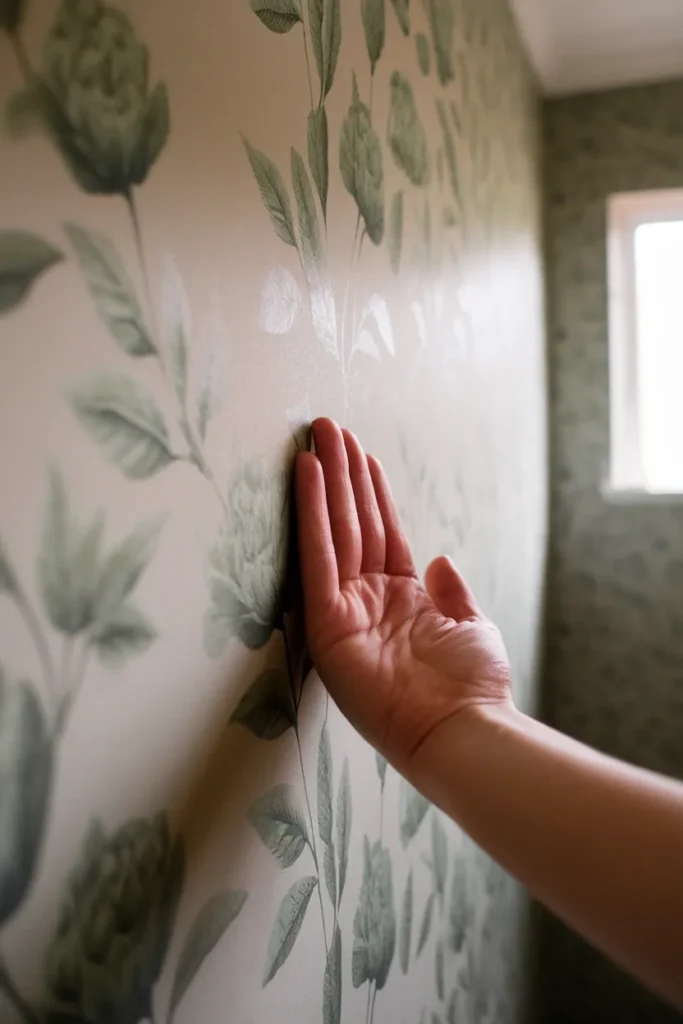 Hand held flat against small scale floral wallpaper to check pattern size in a bathroom