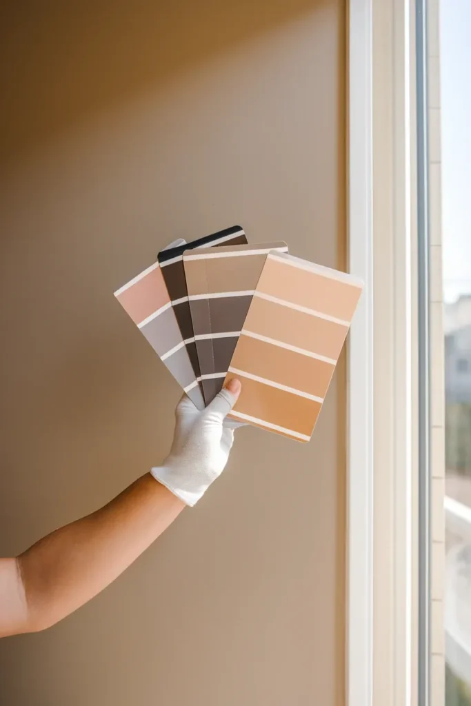 Hand holding greige, clay, and olive paint swatches against a home office wall in morning light.