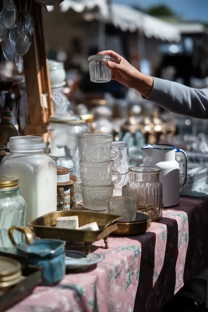 Hand inspecting a milk glass jar at a flea market table of vintage bathroom accessories.
