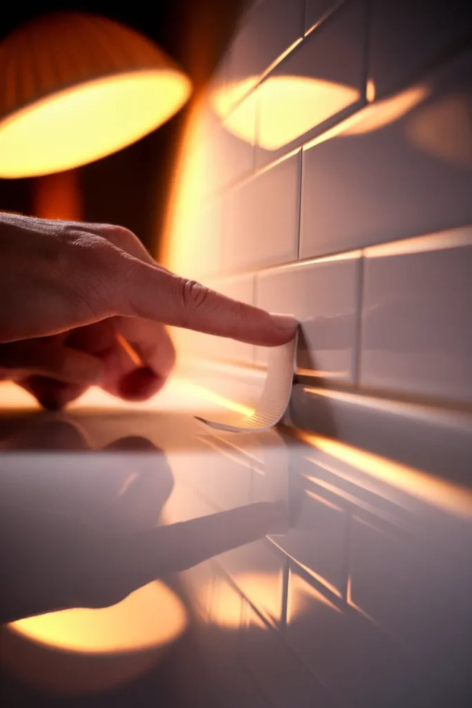 Hand pressing an adhesive strip onto bathroom tile for renter-friendly storage.