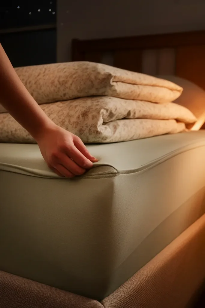 Hand smoothing a Twin XL fitted sheet corner over a dorm mattress under warm lamplight.