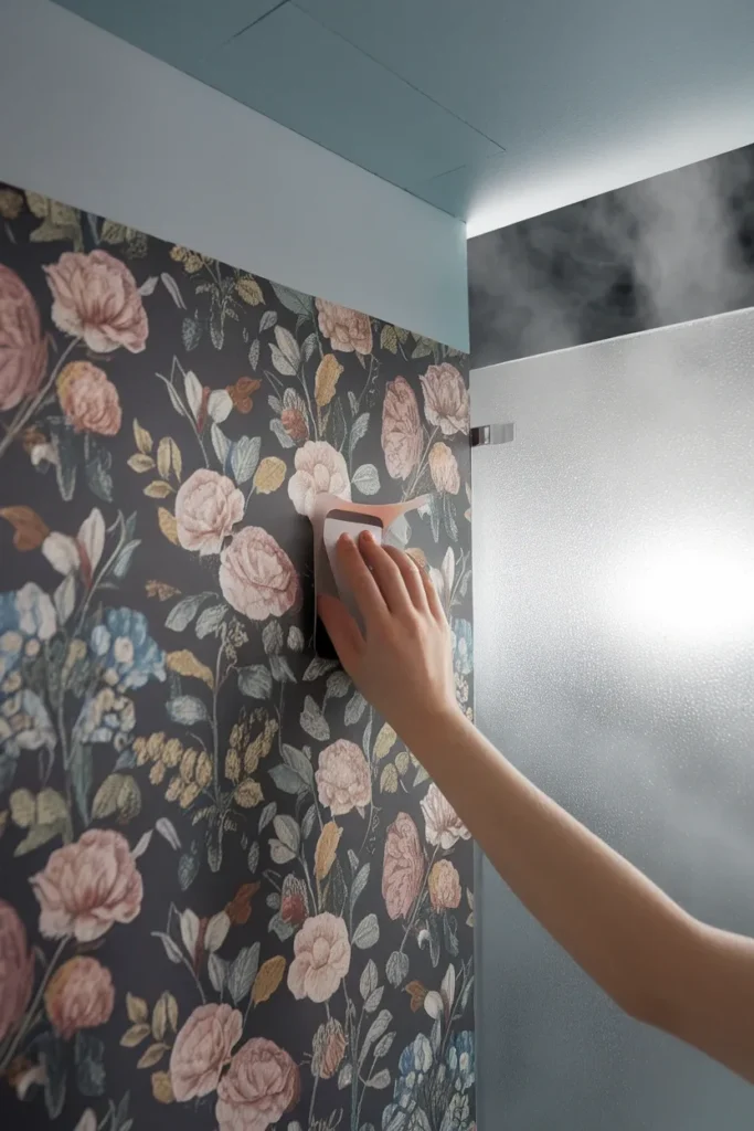 Hand smoothing a lifting seam of floral peel and stick wallpaper near a bathroom ceiling