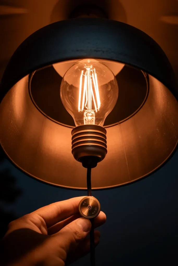 Hand turning a brass cord dimmer under a warm 2700K bulb in a metal reading lamp shade.