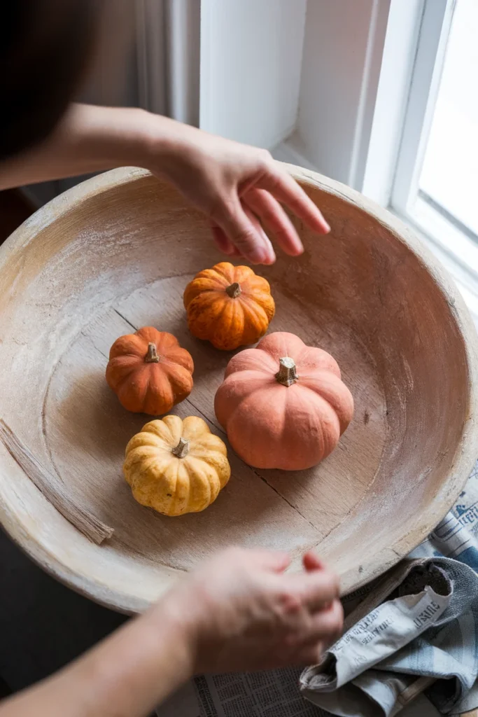 Hands arranging cured gourds and a terracotta pumpkin in a wooden dough bowl.