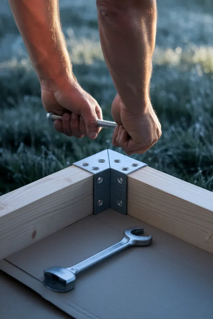Hands bolting a galvanized corner bracket onto cedar boards to build a no dig renter friendly raised bed.