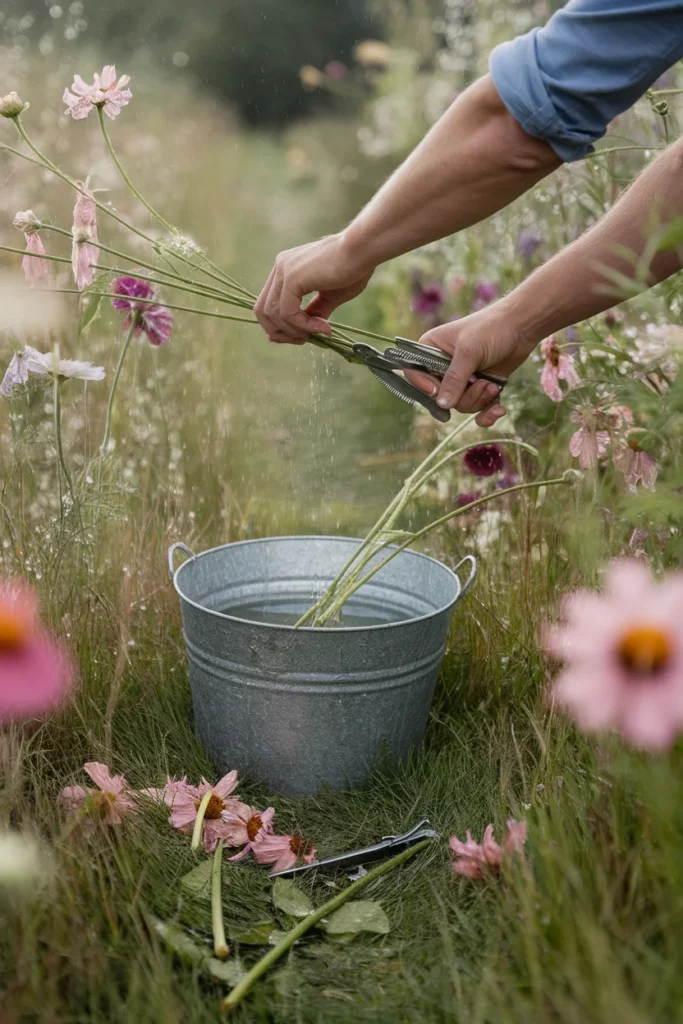 Hands cutting zinnias and cosmos with snips into a galvanized bucket in an early morning wildflower garden.
