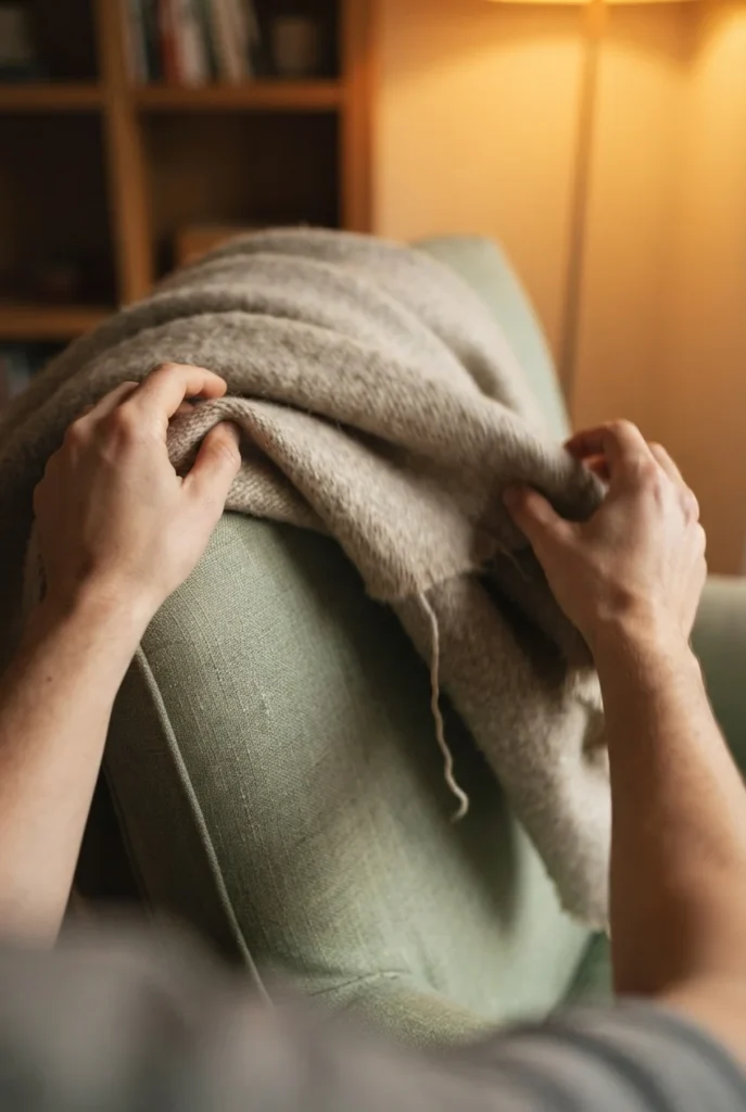 Hands draping a heavy oatmeal wool throw over the back of a sage reading chair.