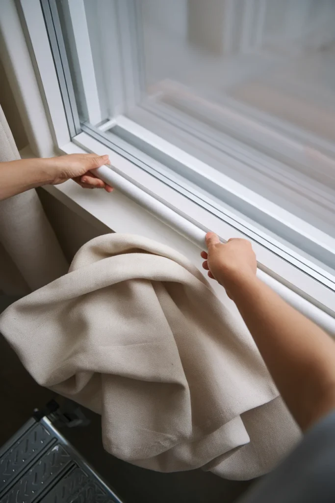 Hands extending a white tension rod in a window recess with linen curtain panel over the arm.