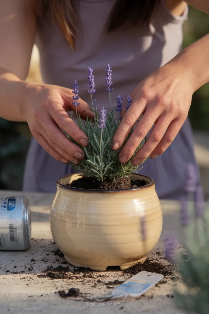 Hands firming soil around a young lavender plant in a cream pot on a balcony.