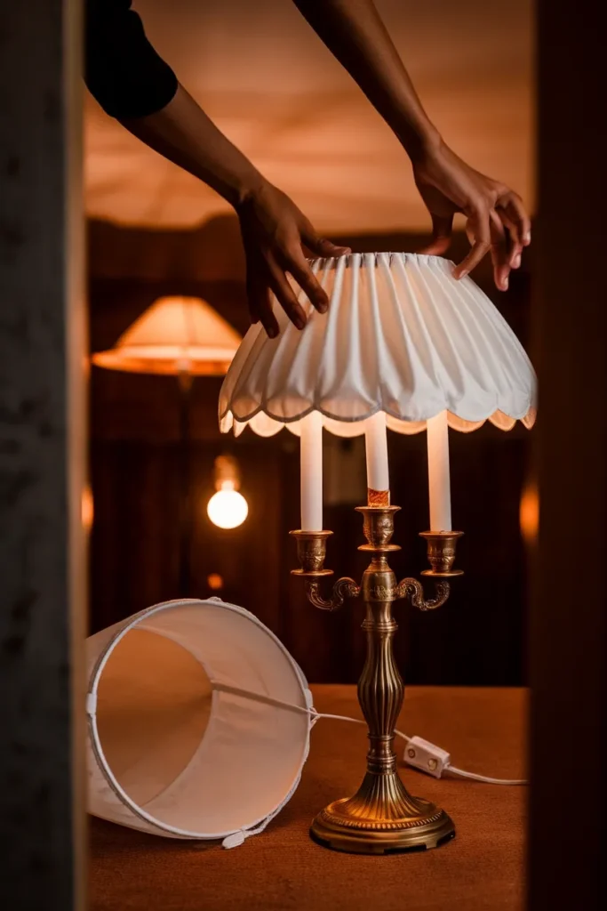 Hands fitting a scalloped pleated lampshade onto a brass lamp in a lamp-lit room.
