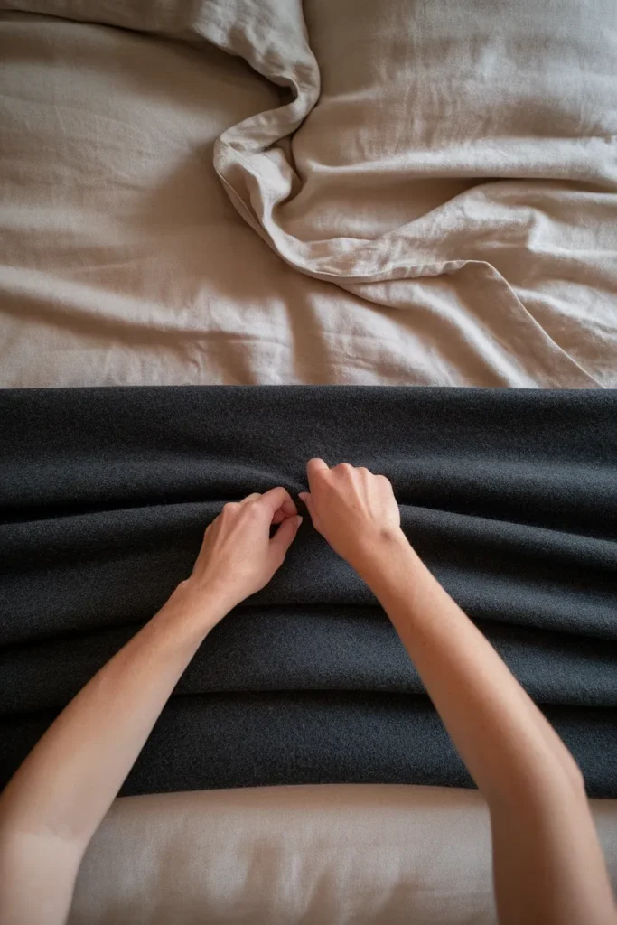 Hands folding a wool throw across the foot of a linen-layered cottagecore bed.