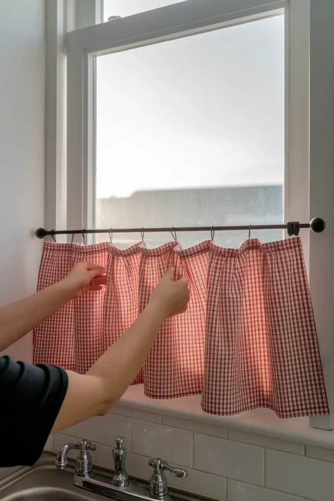 Hands hanging a red gingham cafe curtain on a tension rod inside a kitchen window frame.