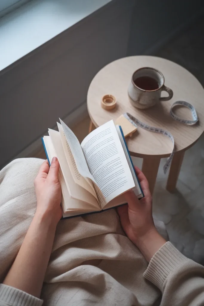Hands holding a book with a mug within arm's reach on a side table in a small apartment corner.
