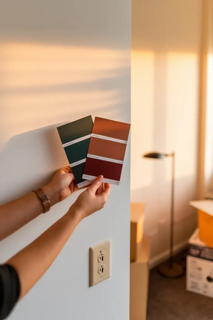 Hands holding green and oxblood paint swatches against a plain white rental apartment wall.