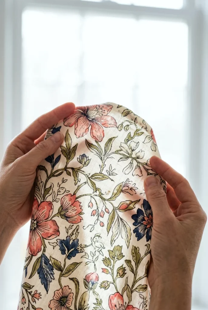 Hands holding hand-painted style chintz fabric to the window showing botanical detail.