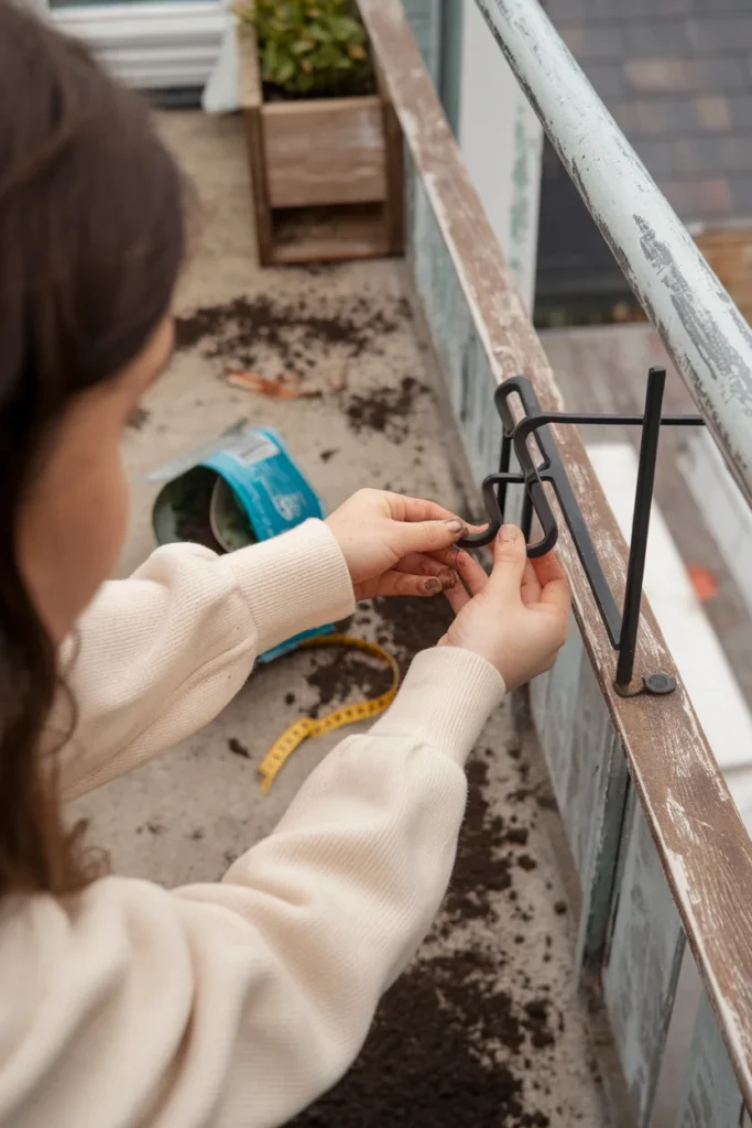 Hands hooking a no-drill planter bracket over a balcony rail with a window box waiting below.