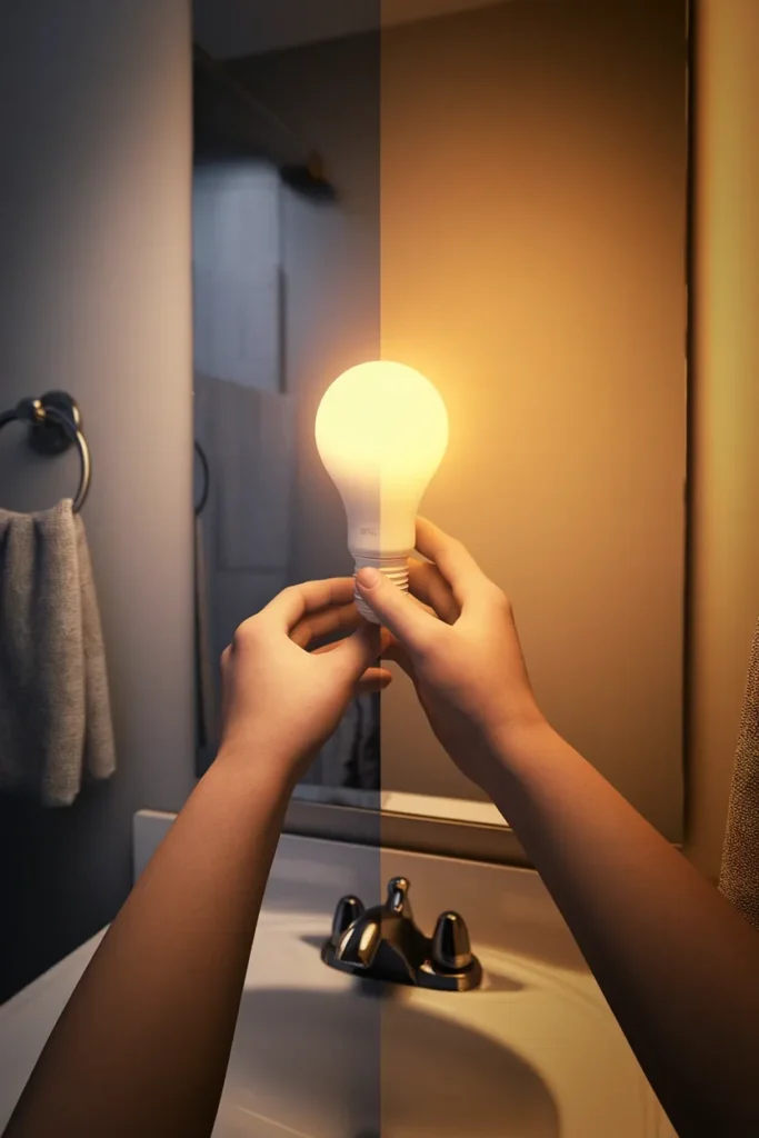 Hands installing a warm 2700K bulb in a bathroom vanity fixture, cool light shifting to amber