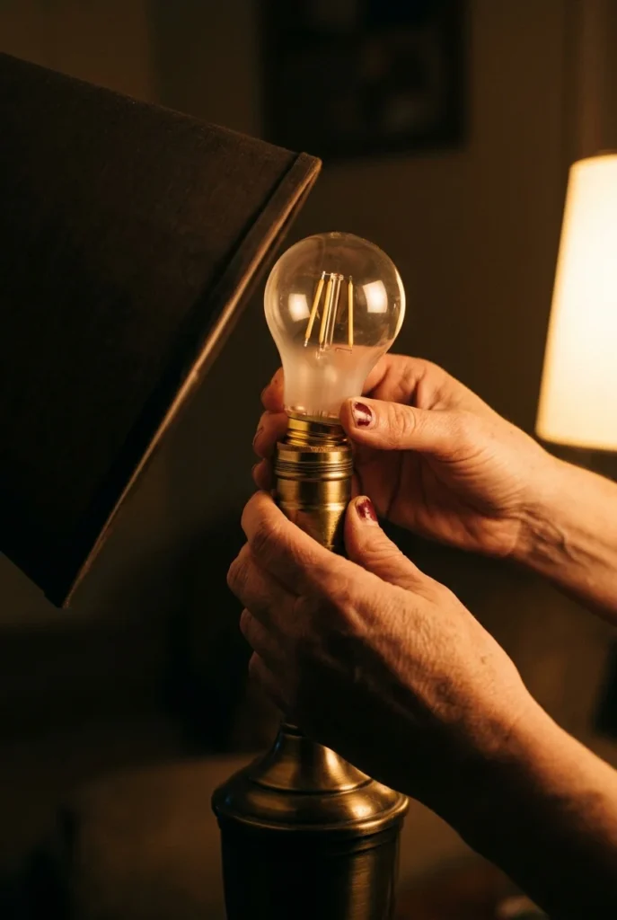 Hands installing a warm 2700K bulb into a brass table lamp at night.