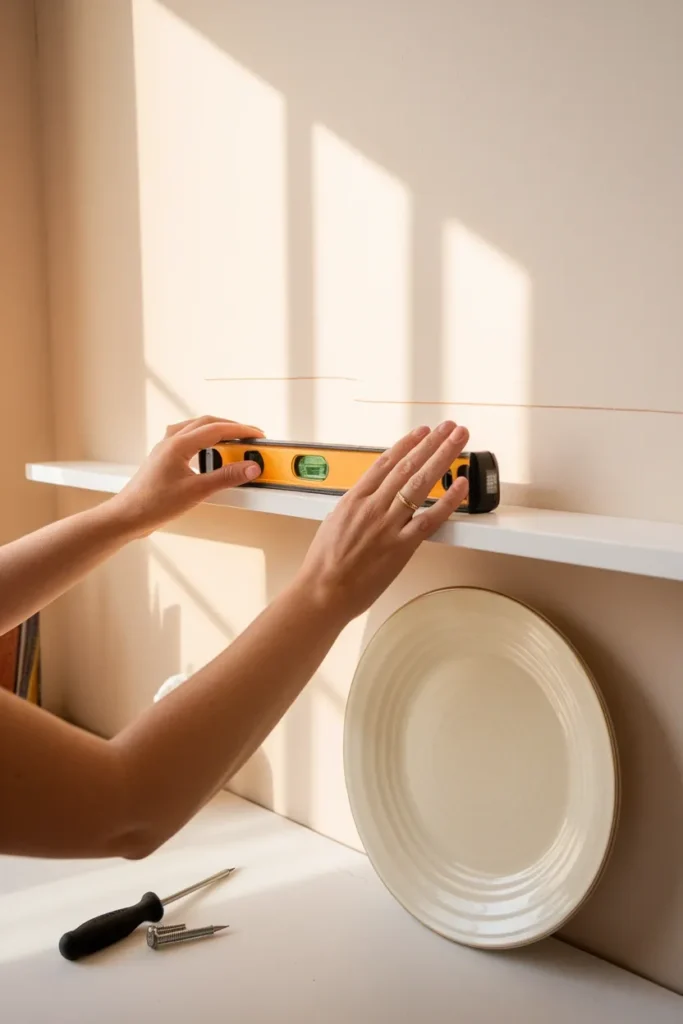 Hands leveling a newly mounted picture ledge for a farmhouse kitchen plate display.