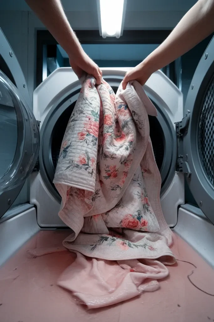 Hands lifting a wet floral quilt from a washer with faint pink dye tinting the water