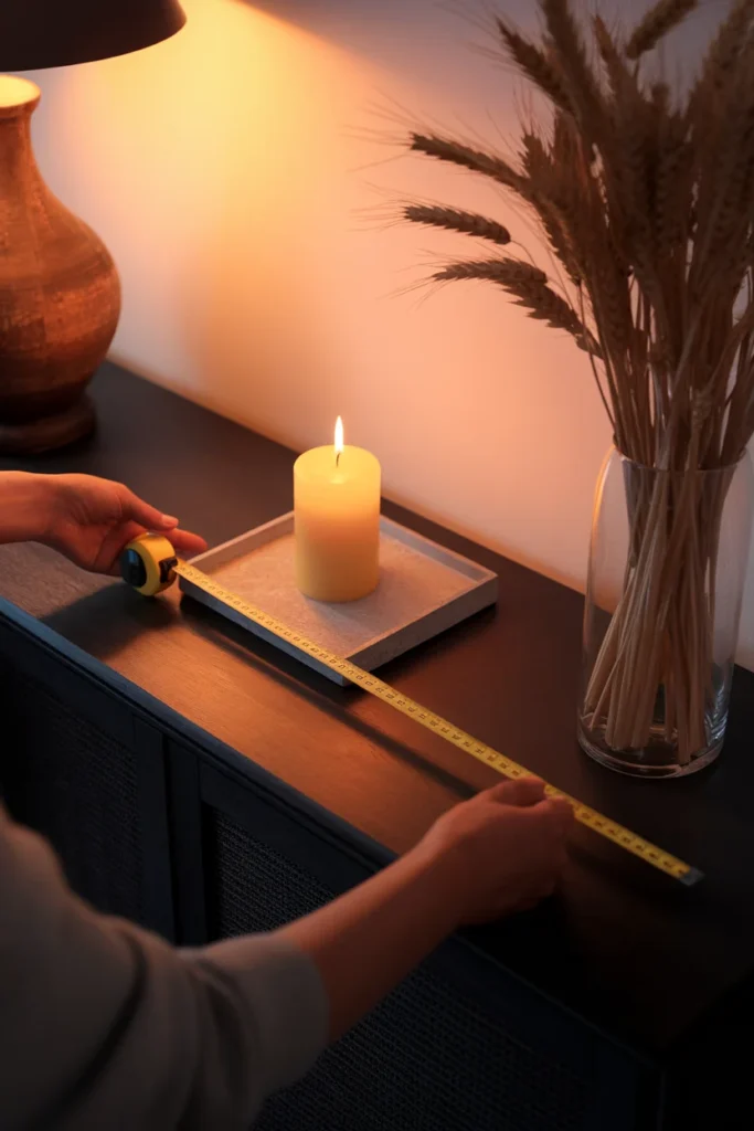 Hands measuring 12 inches between a lit candle and dried stems for safe fall decor.