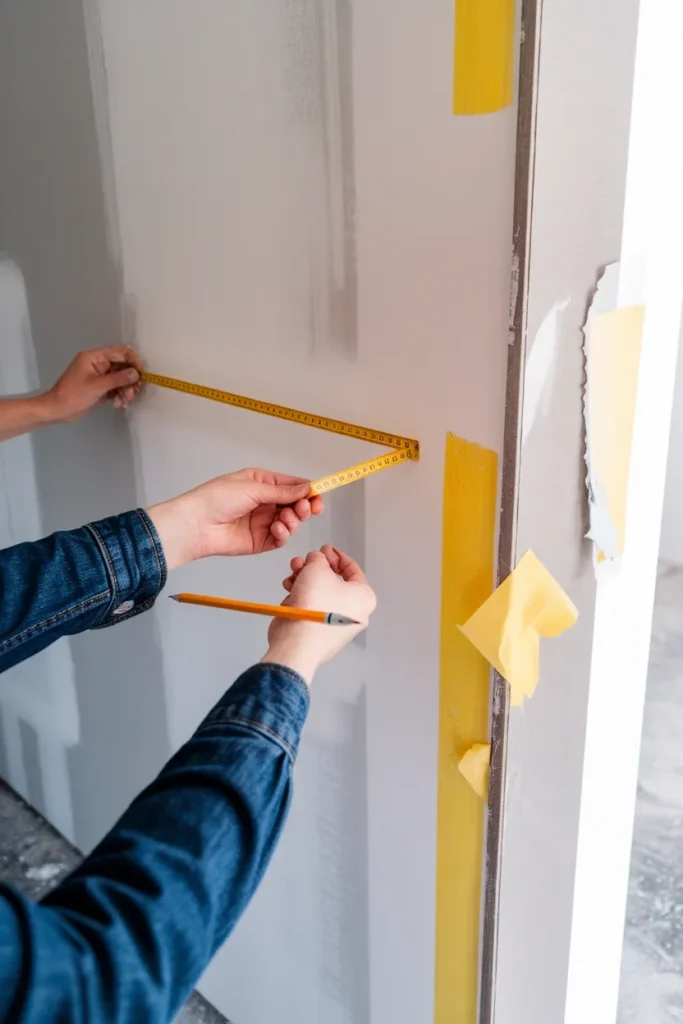 Hands measuring 15 inches of wall clearance before installing a powder room sink.