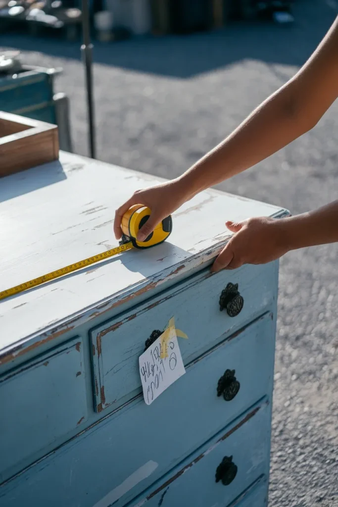 Hands measuring a chipped blue painted dresser with a tape measure at a flea market.