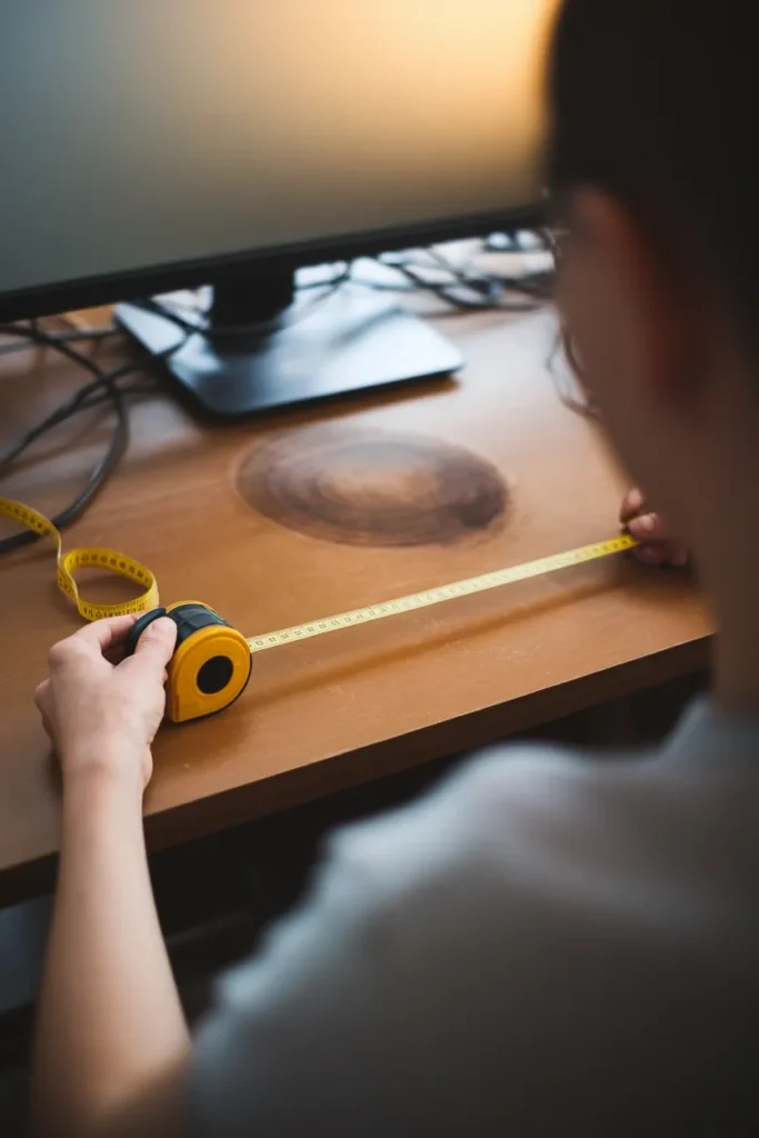 Hands measuring the distance from desk edge to monitor with a tape measure.