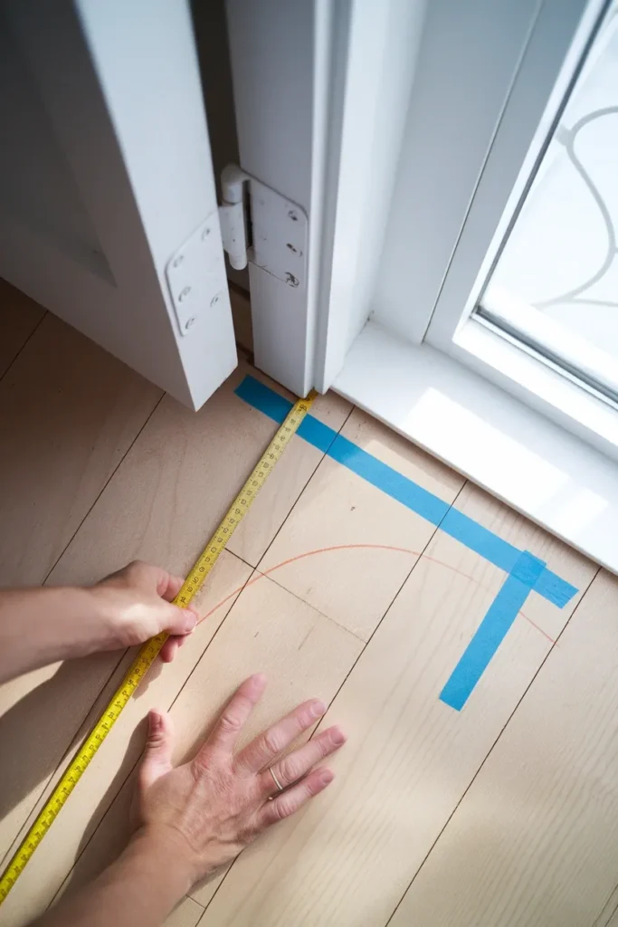 Hands measuring the door swing arc with a tape measure before buying an entryway bench.