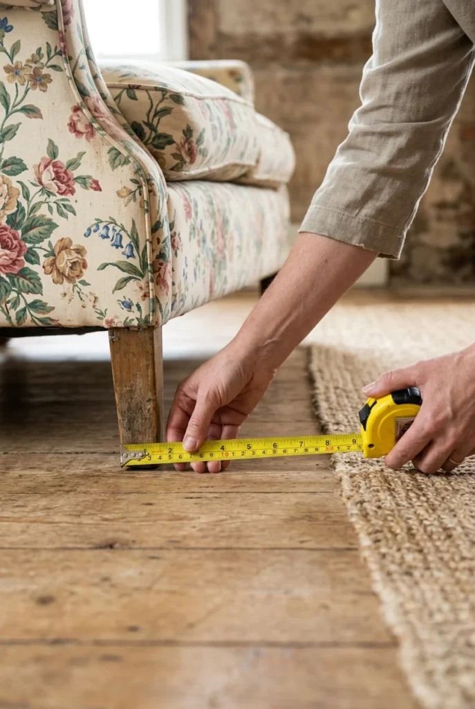 Hands measuring the gap between a floral sofa leg and jute rug edge with a tape measure.