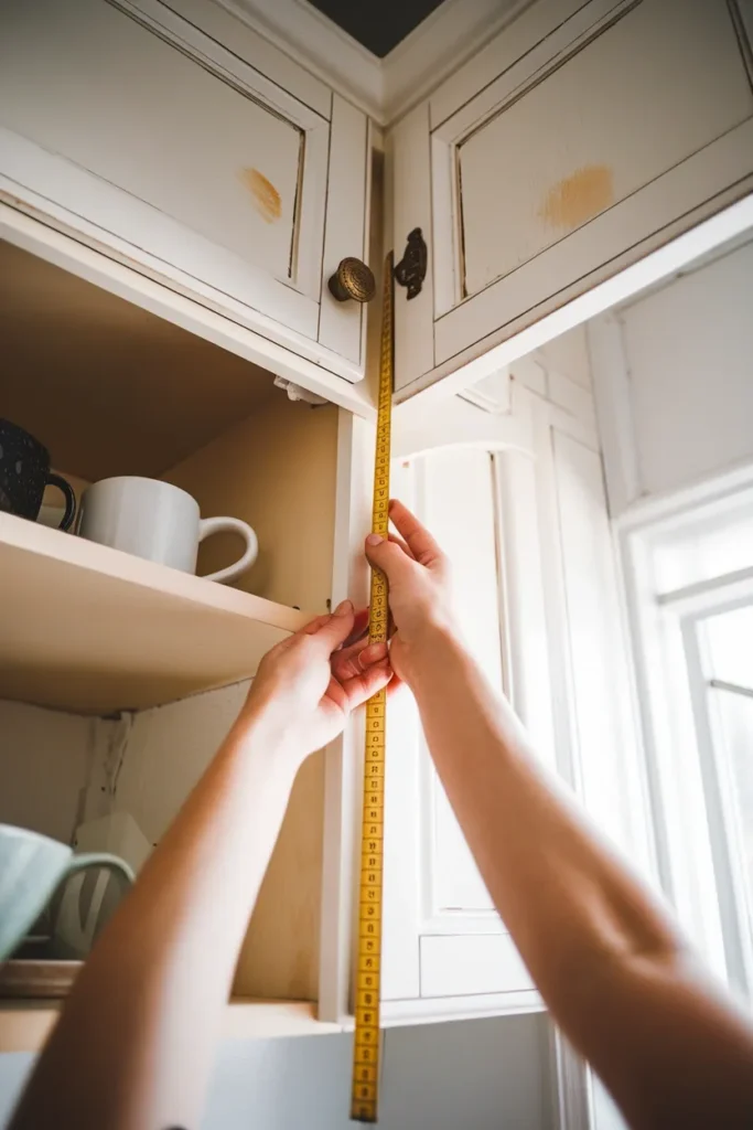 Hands measuring the height of an upper kitchen cabinet shelf with a yellow tape measure.
