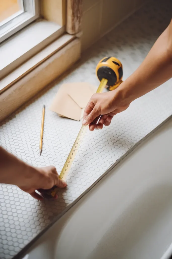 Hands measuring three feet from a tub to mark the dry line for bathroom storage planning.