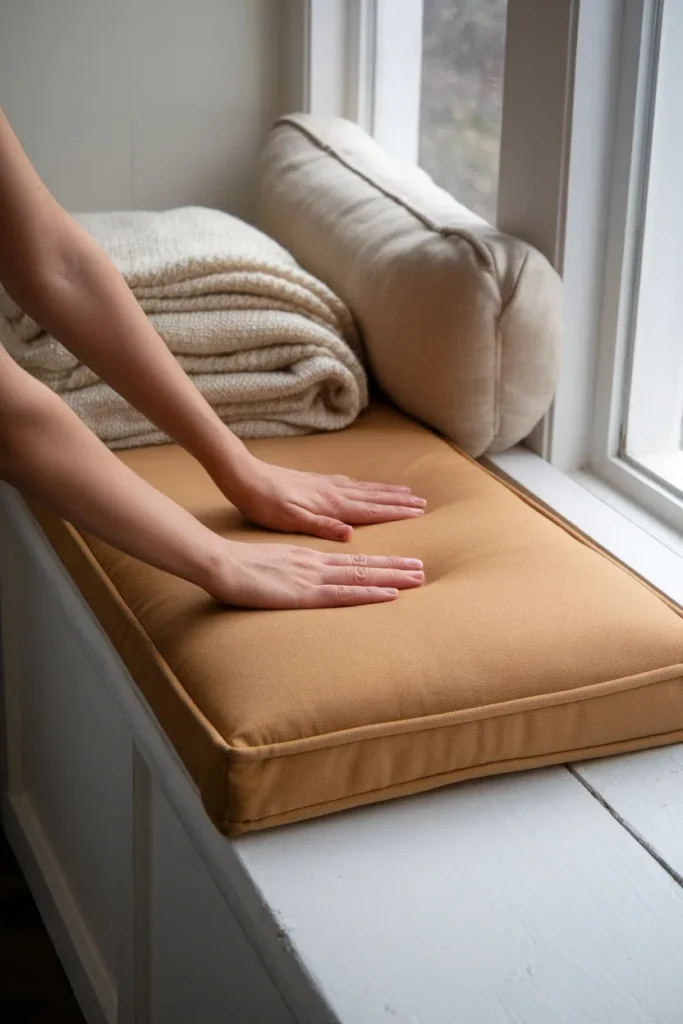 Hands placing a tan bench cushion on a window seat with cream wool throw nearby.