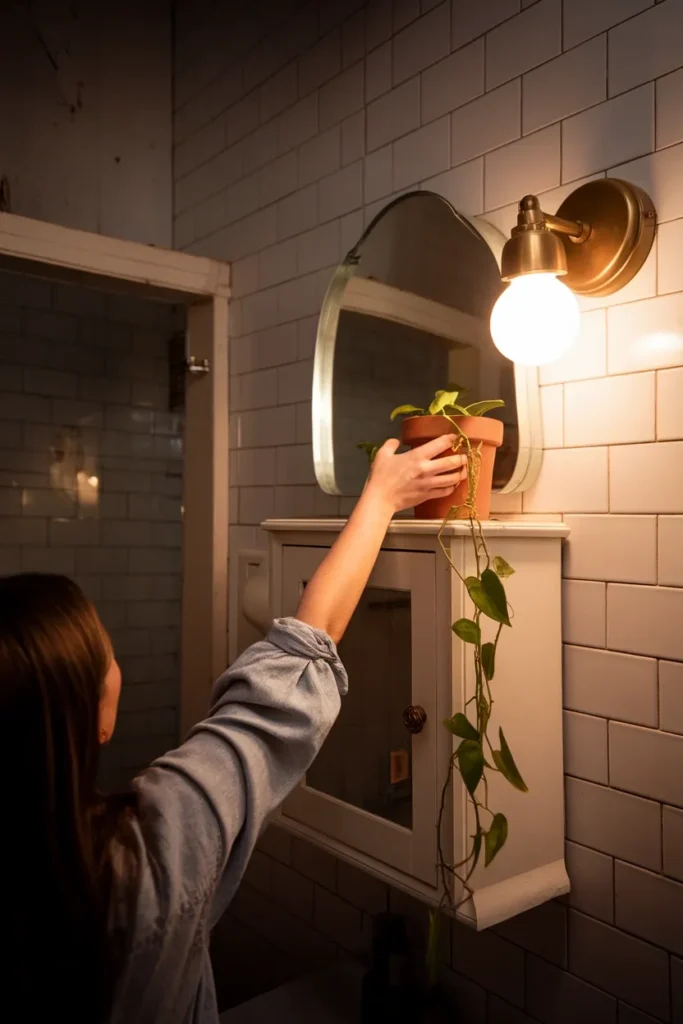 Hands placing a trailing pothos in a terracotta pot on top of a bathroom medicine cabinet.