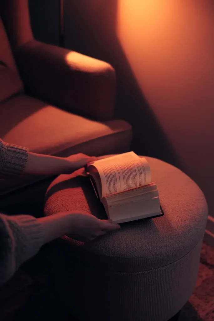 Hands placing an open book on an ottoman beside an armchair under warm lamplight.